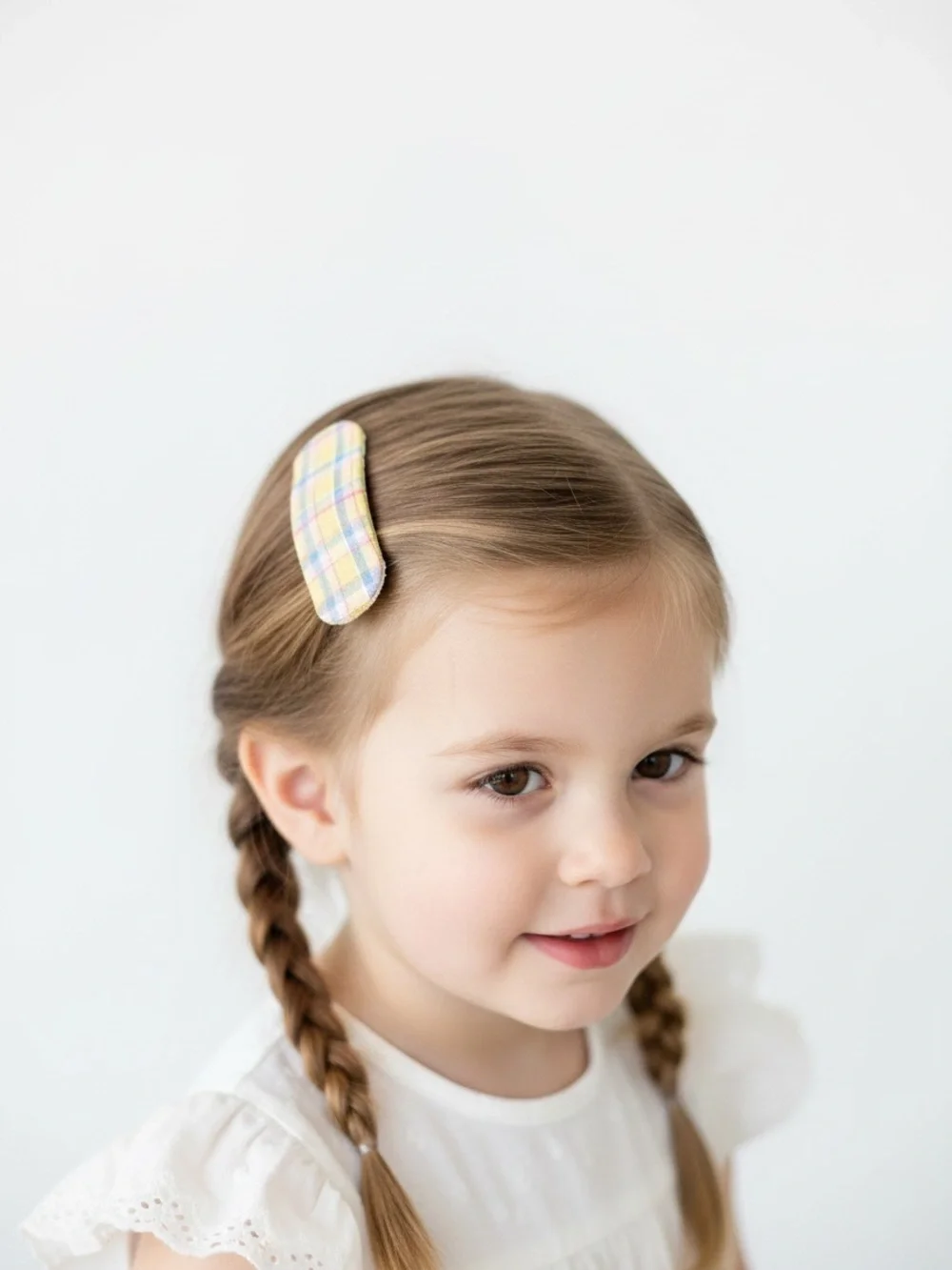 Handmade Pastel Plaid & Yellow Fabric Snap Hair Clips Set (2 Pc)